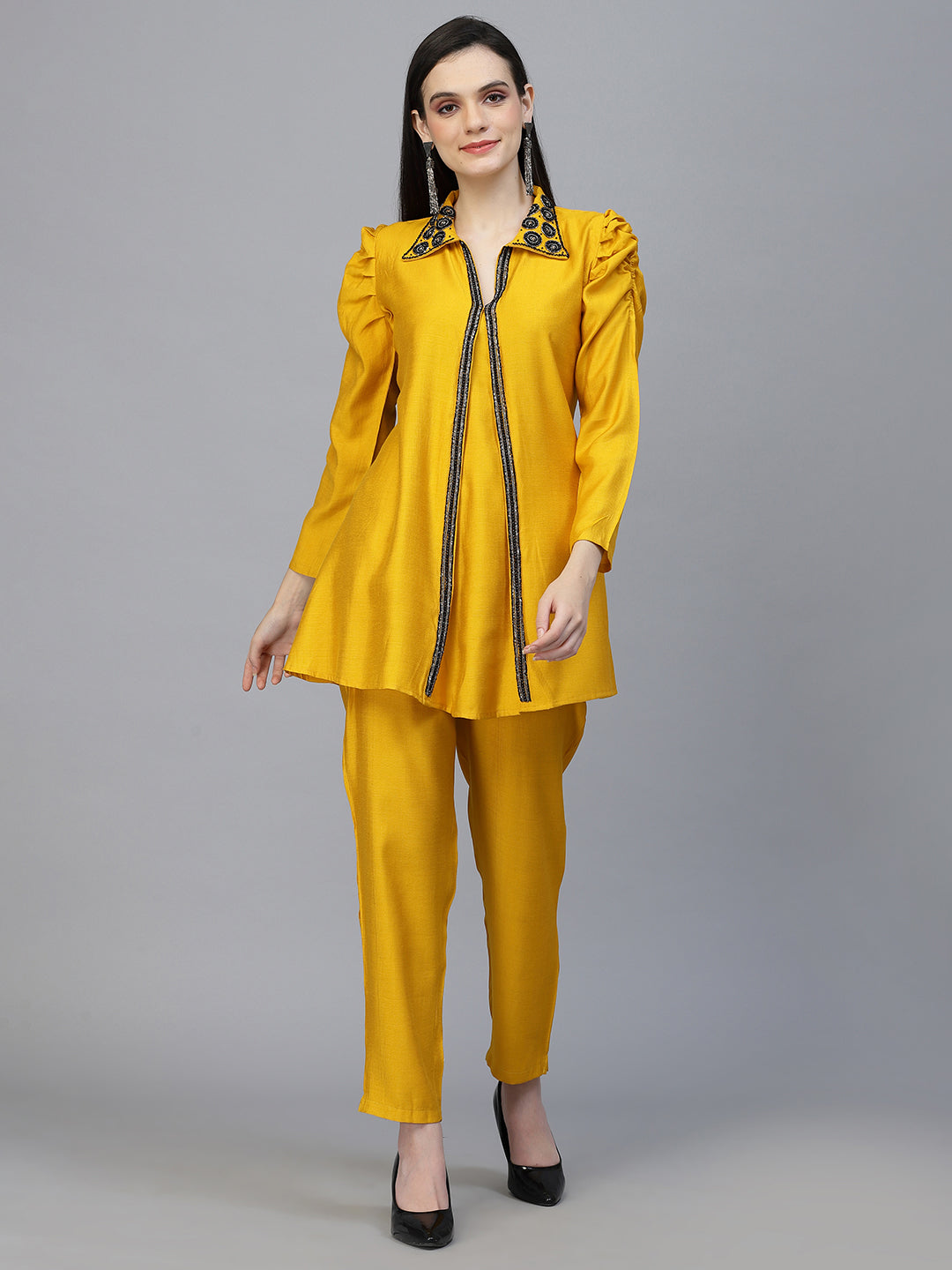 Mustard Color Hand Embroidered Viscose Rayon Ready Made Co-Ord Set