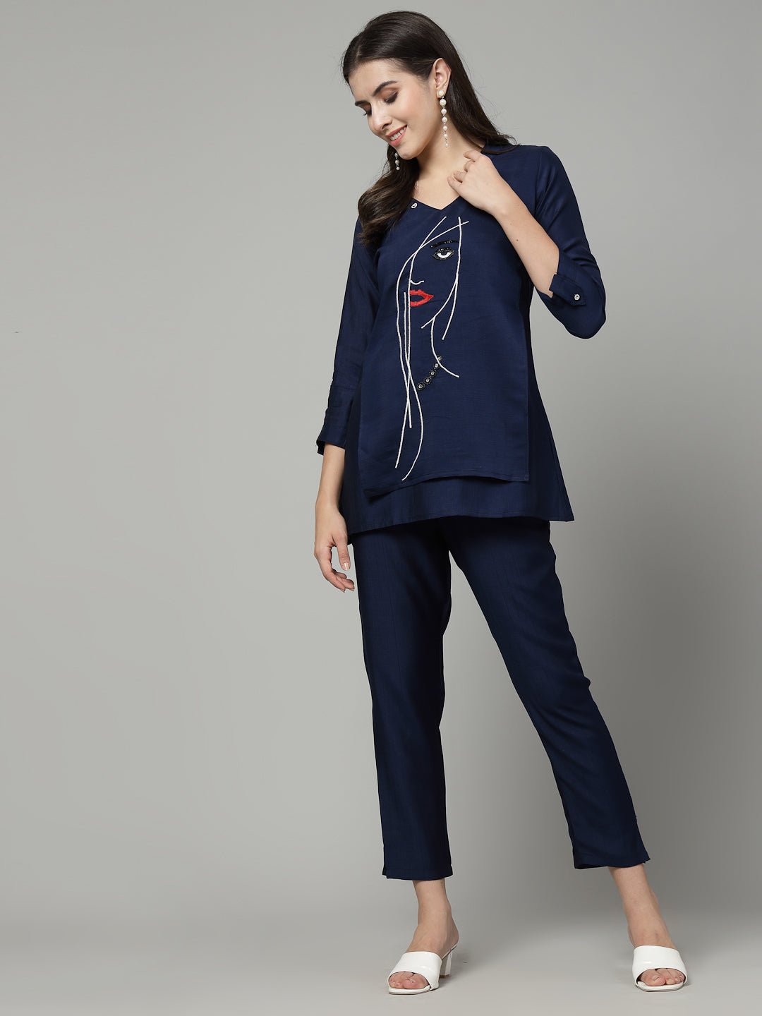 Blue Color Hand Embroidered Viscose Rayon Ready Made Co-Ord Set