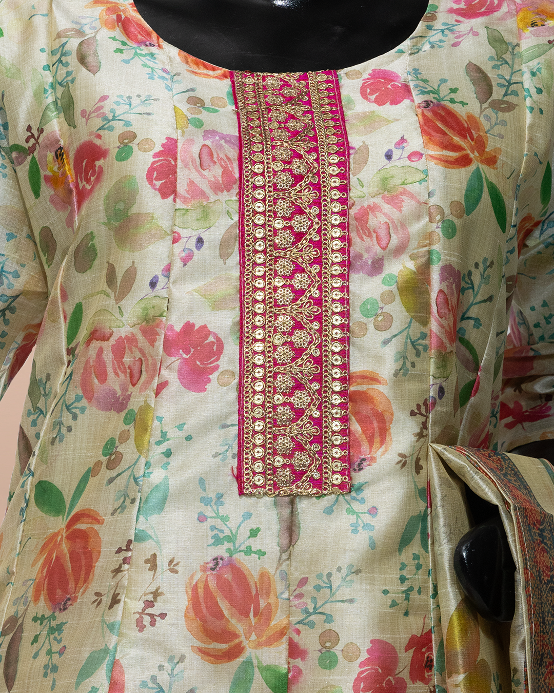 Beige Floral Printed Chanderi Silk Readymade Salwar Suit