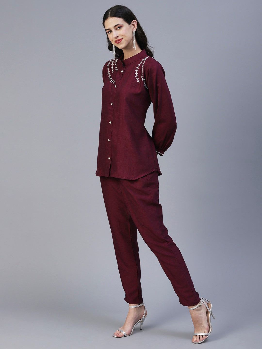 Wine Color Hand Embroided Vatican Fabric Ready Co-Ord Set