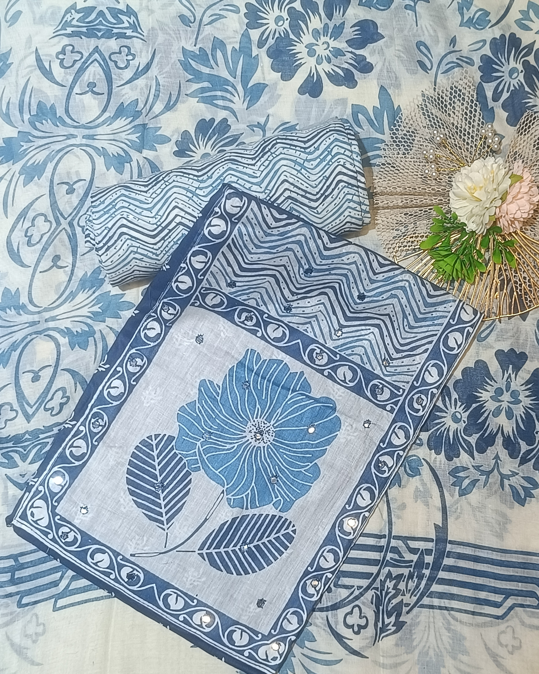Blue And White Mal Cotton printed fabric Unstitched Salwar Suit