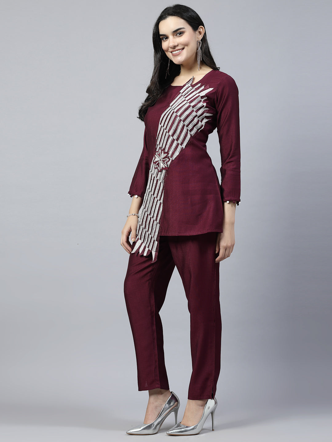 Wine Color Hand Embroidered Pure Cotton Ready Made Co-Ord Set