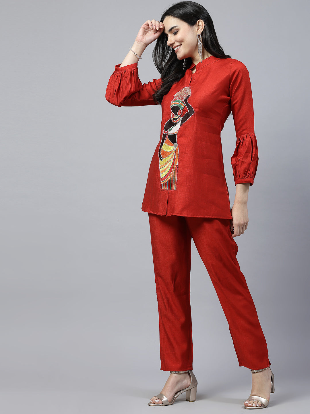 Red Color Hand Embroidered Pure Cotton Ready Made Co-Ord Set