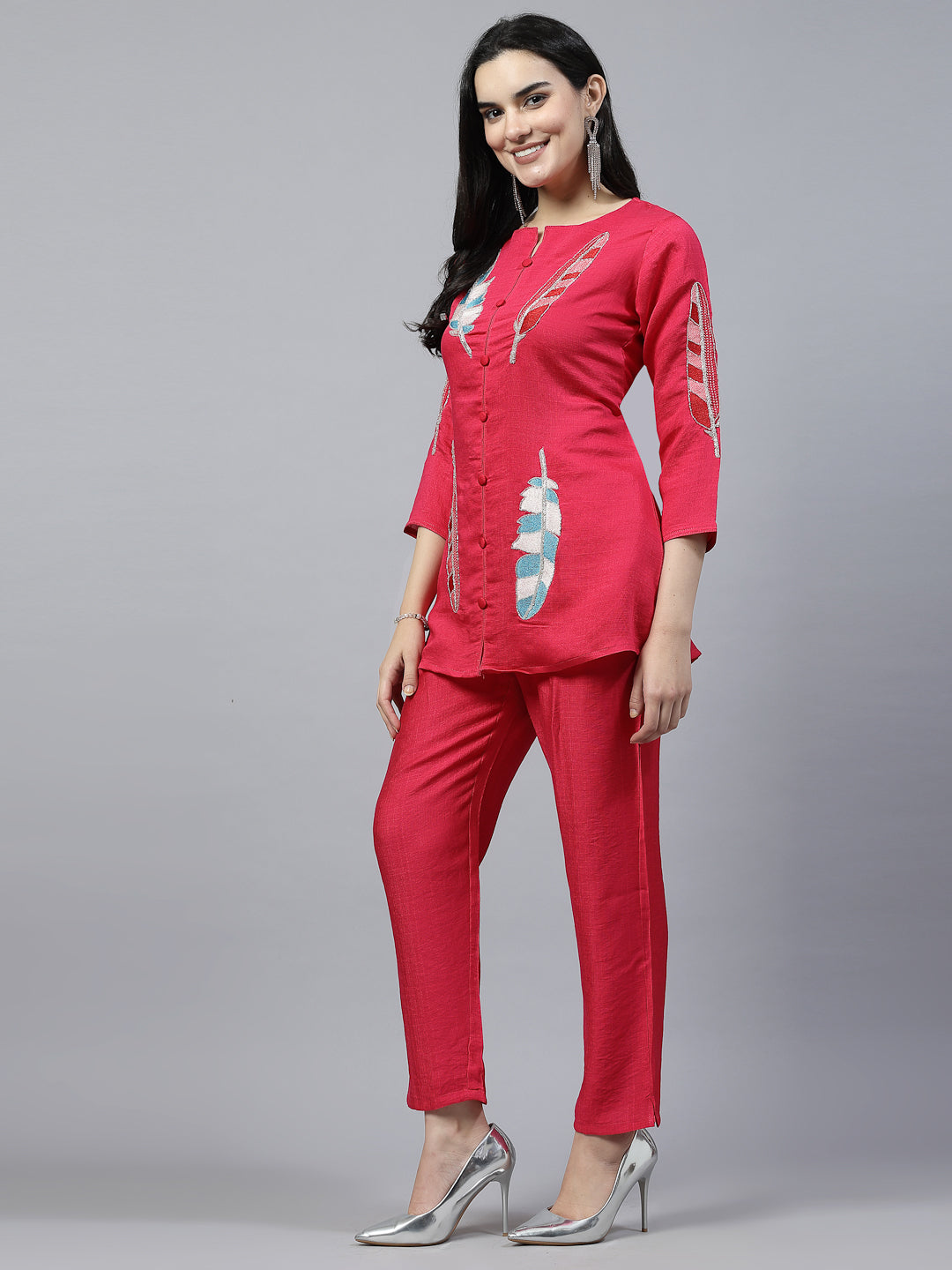 Rani Color Hand Embroidered Pure Cotton Ready Made Co-Ord Set