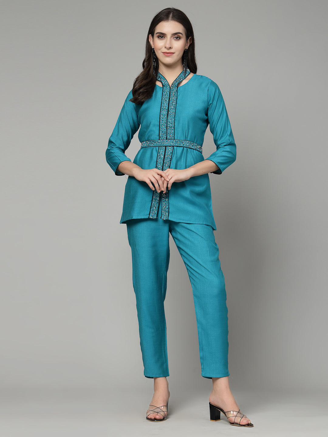 Sky Blue Hand Embroidered Color Viscose Rayon Ready Made Co-Ord Set