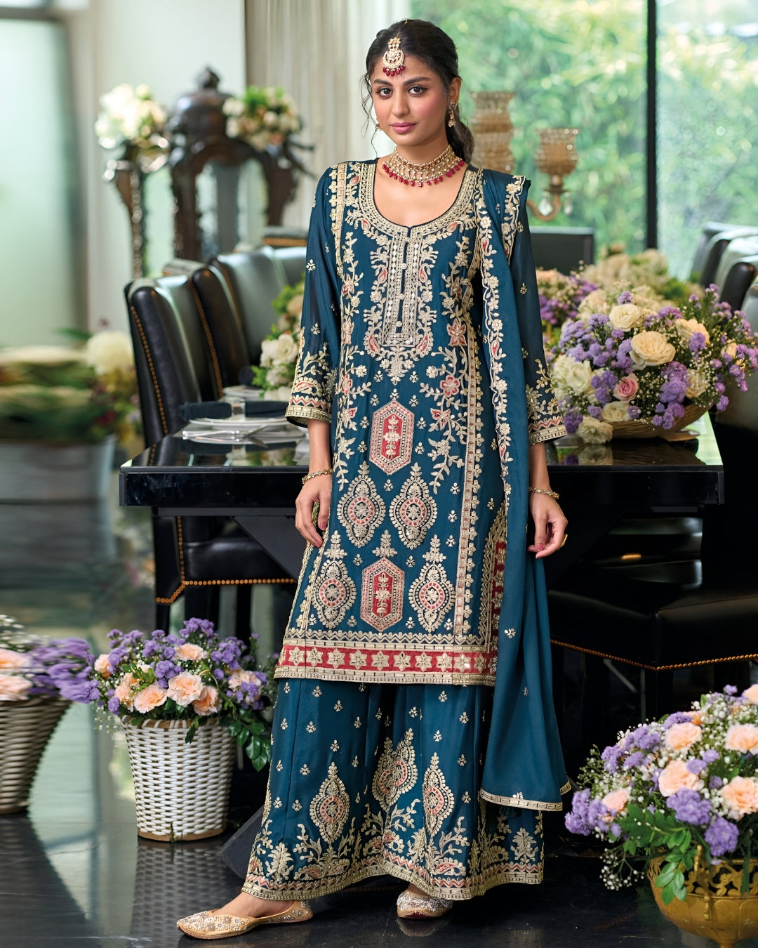 Blue Embroidered Heavy Chinon Readymade Sharara Set