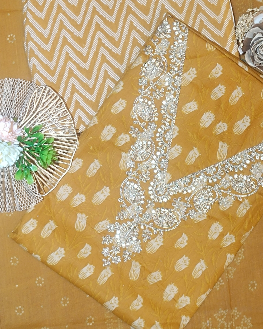 Golden Yellow Mal Cotton printed fabric Unstitched Salwar Suit