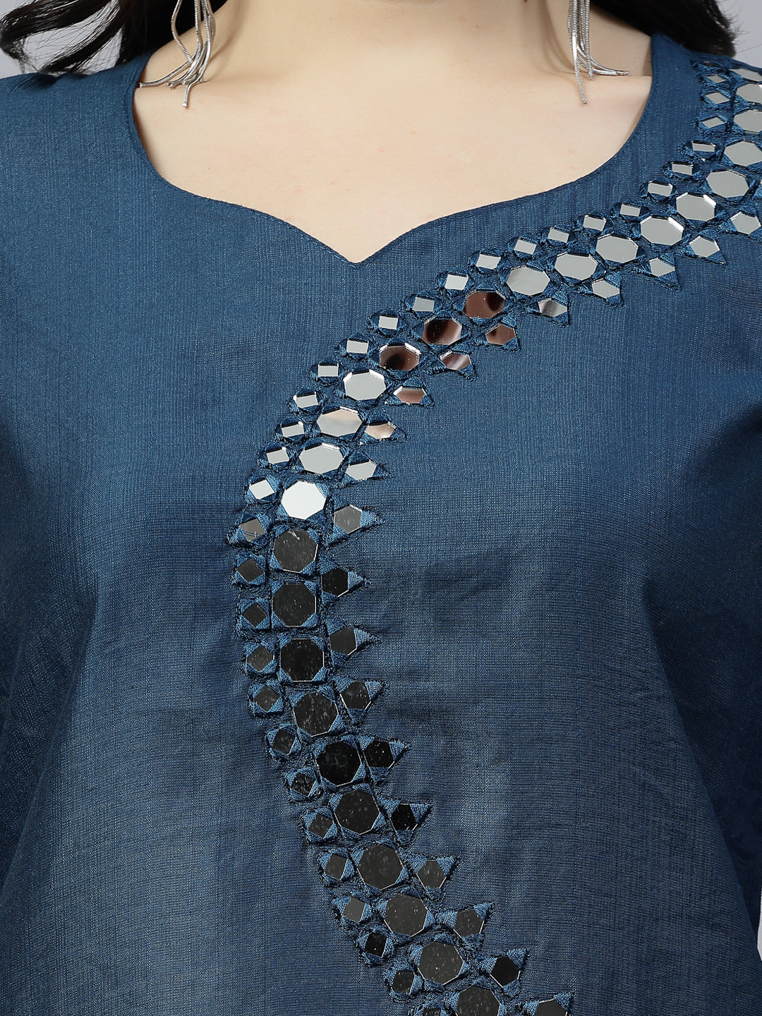 Peacock Blue Hand Embroidered Pure Cotton Readymade Co-Ord Set