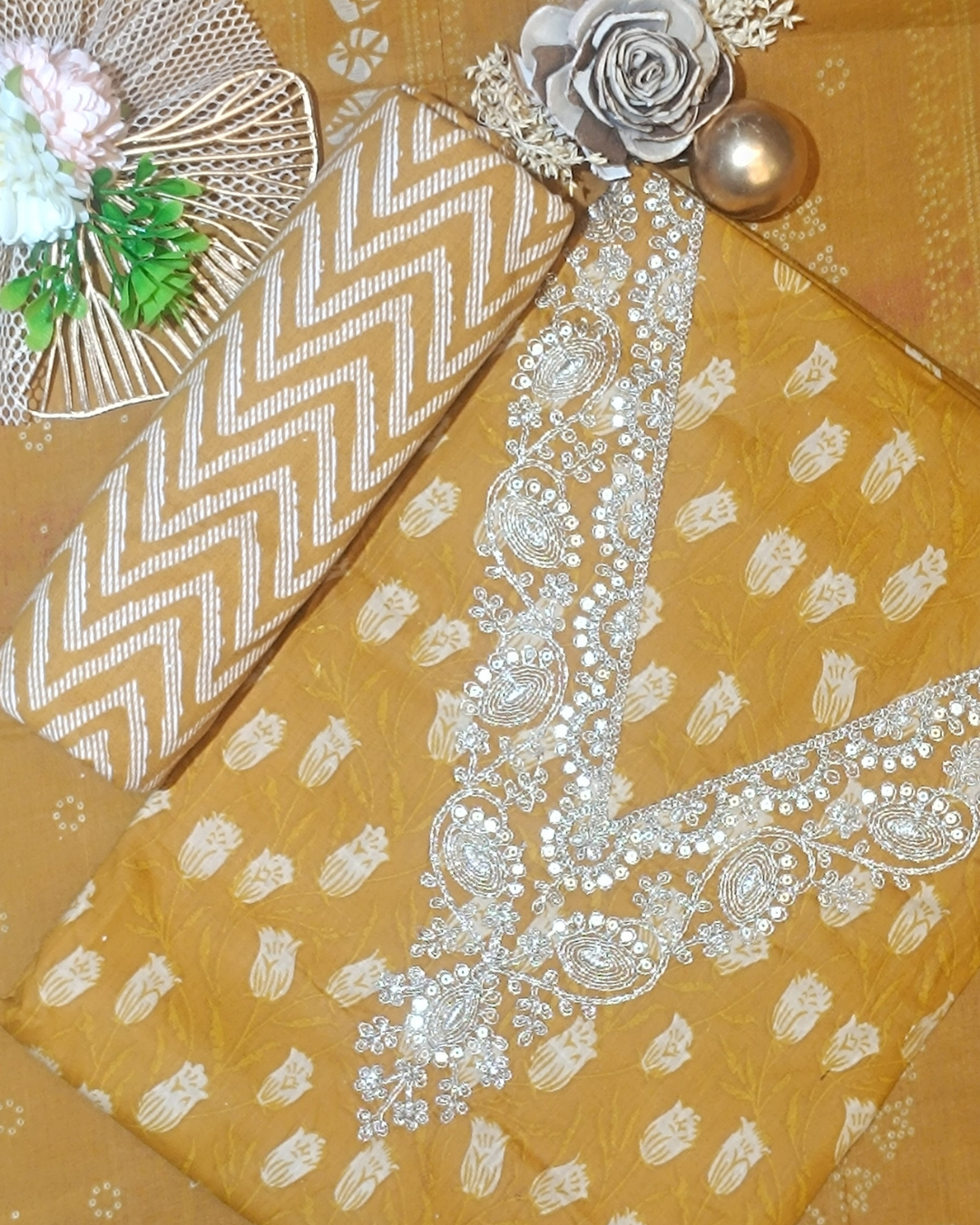 Golden Yellow Mal Cotton printed fabric Unstitched Salwar Suit