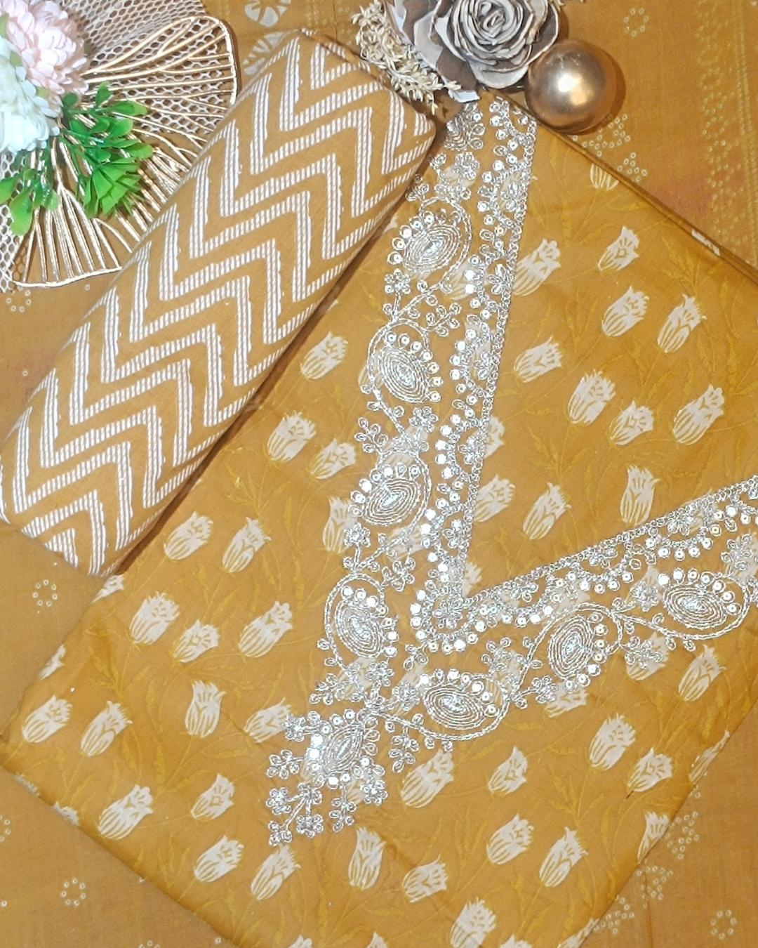 Golden Yellow Mal Cotton printed fabric Unstitched Salwar Suit