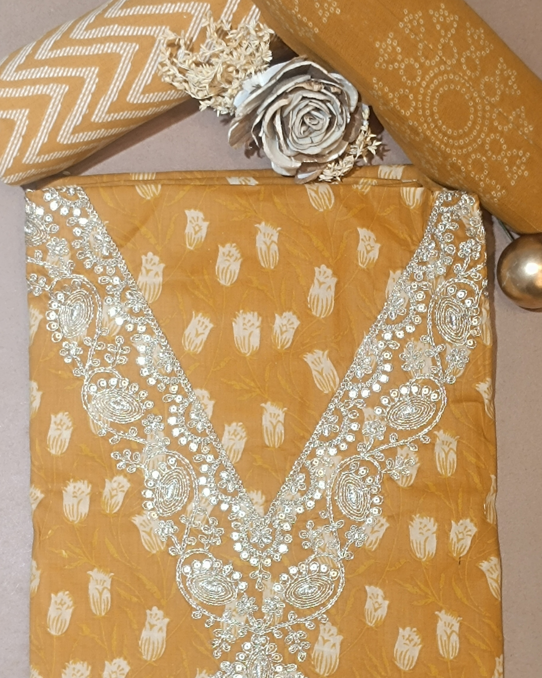 Golden Yellow Mal Cotton printed fabric Unstitched Salwar Suit
