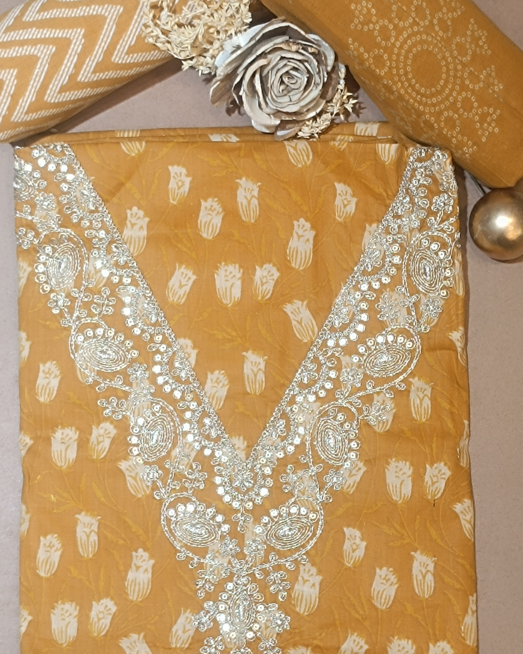 Golden Yellow Mal Cotton printed fabric Unstitched Salwar Suit