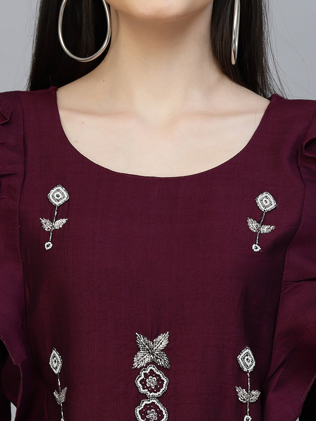 wine color Hand Embroidered Viscose Rayon Readymade Co-Ord Set