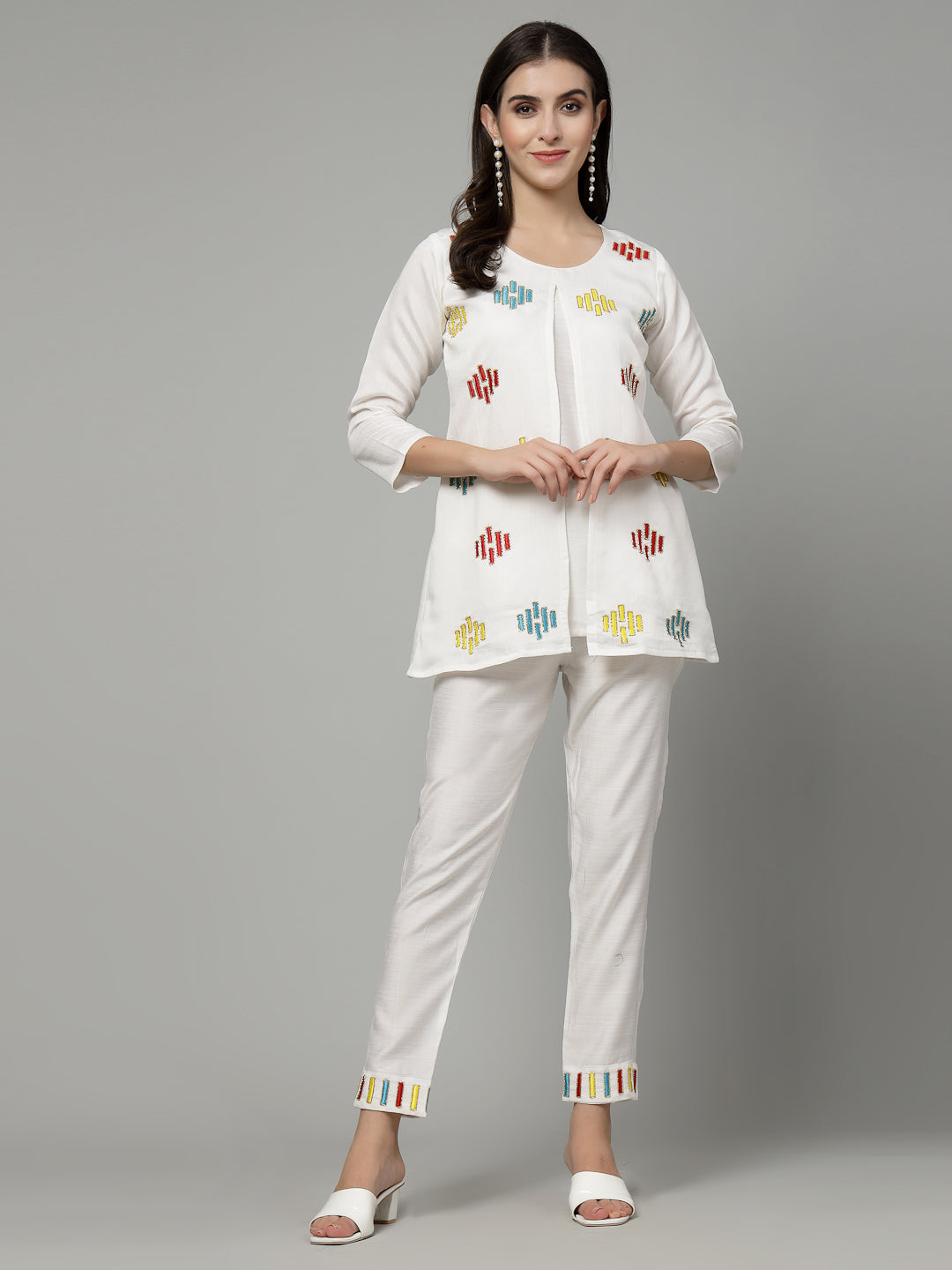 White Hand Embroidered Viscose Rayon Readymade Co-Ord Set