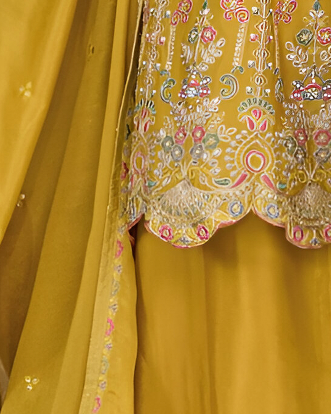Mustard Yellow Emboidery Heavy Chinon Readymade Sharara Set