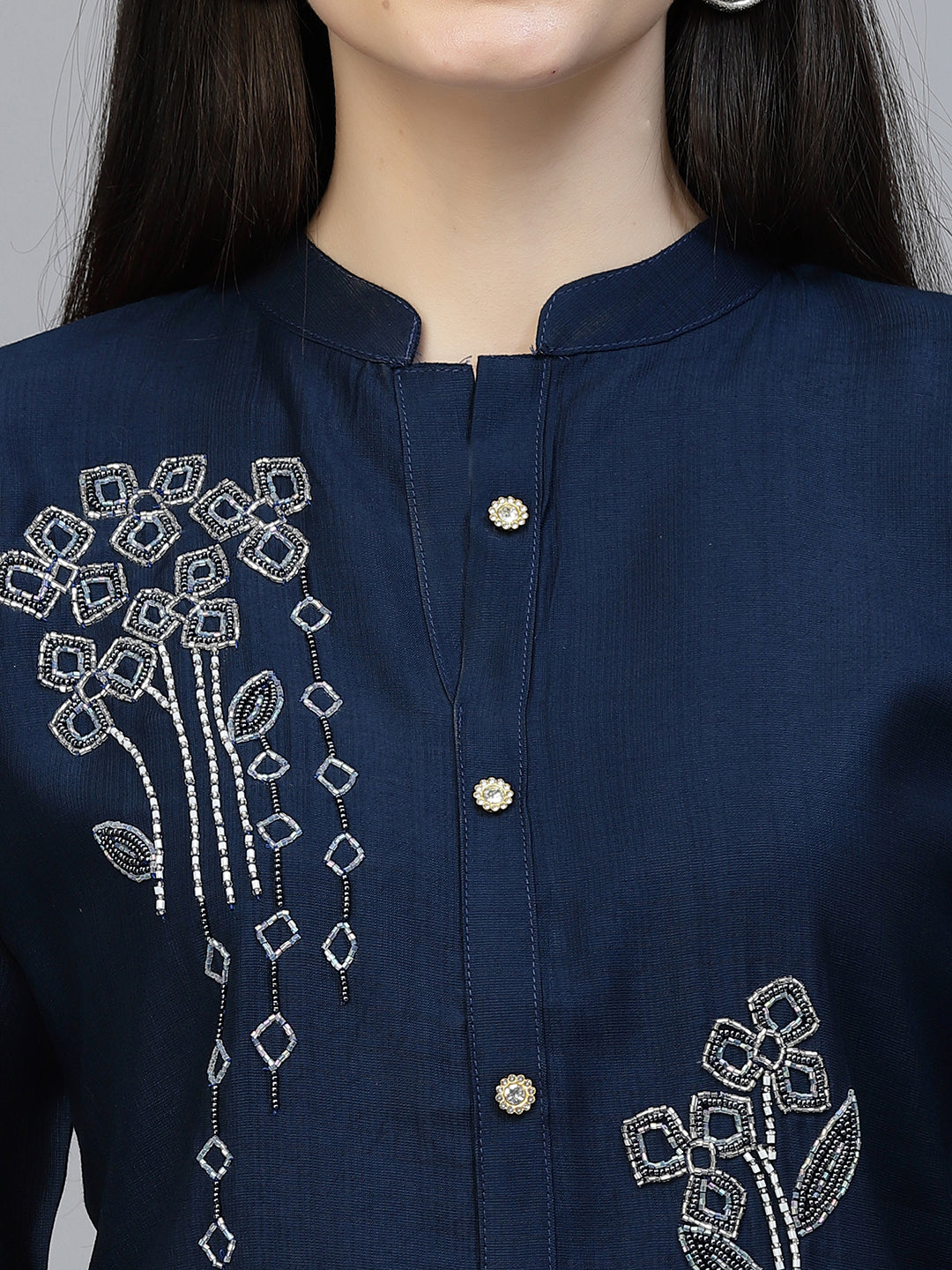 Blue Hand Embroidered Viscose Rayon Ready Made Co-Ord Set