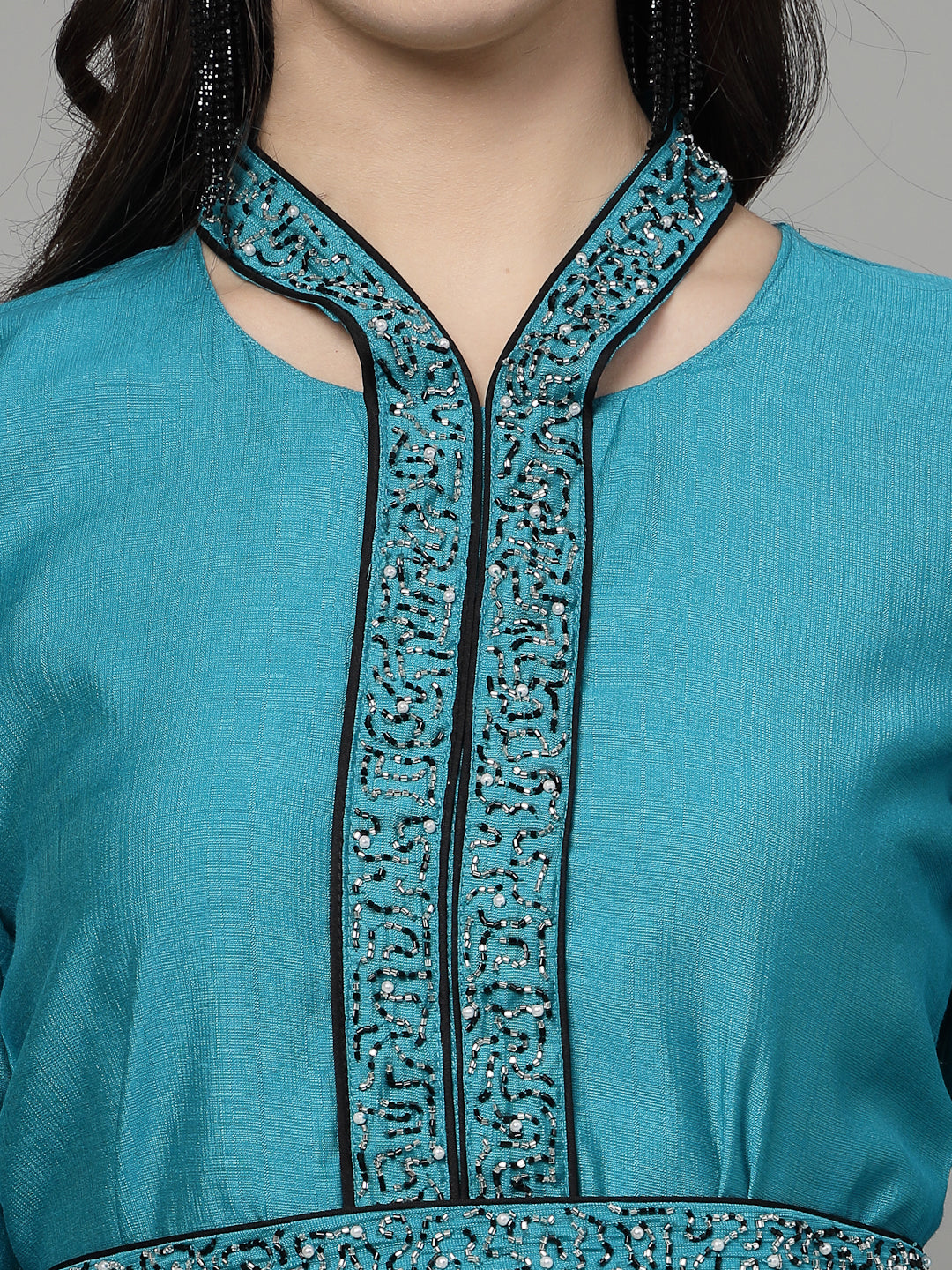 Sky Blue Hand Embroidered Color Viscose Rayon Ready Made Co-Ord Set