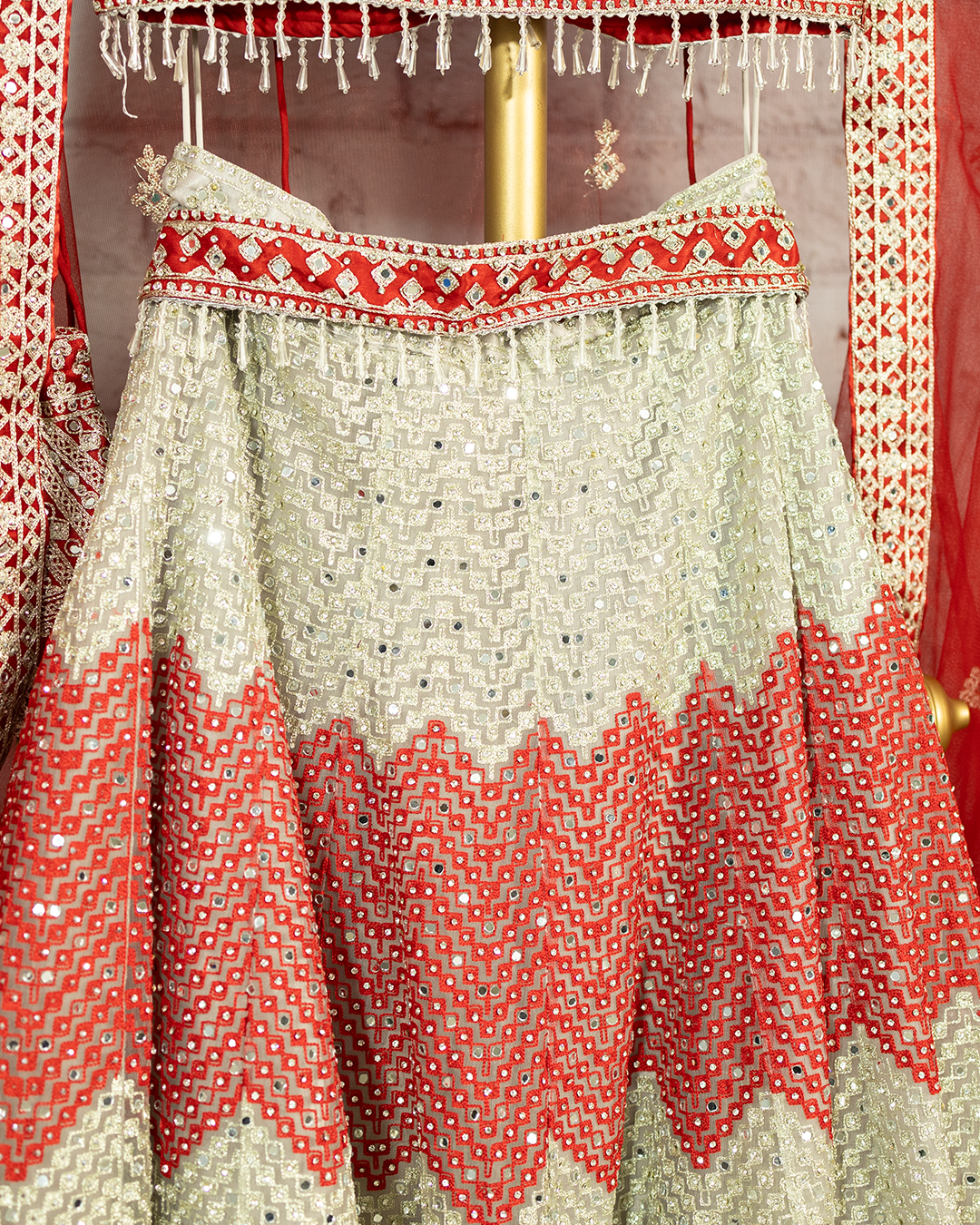Red Heavy embroidered Netted Readymade Lehenga