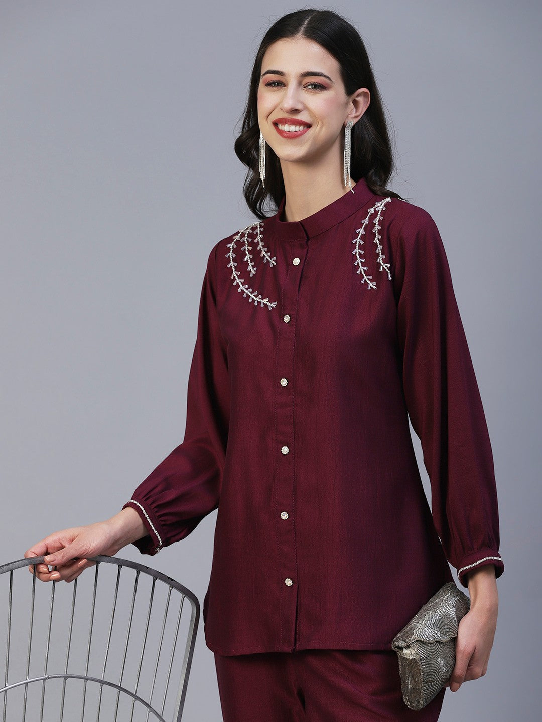 Wine Color Hand Embroided Vatican Fabric Ready Co-Ord Set