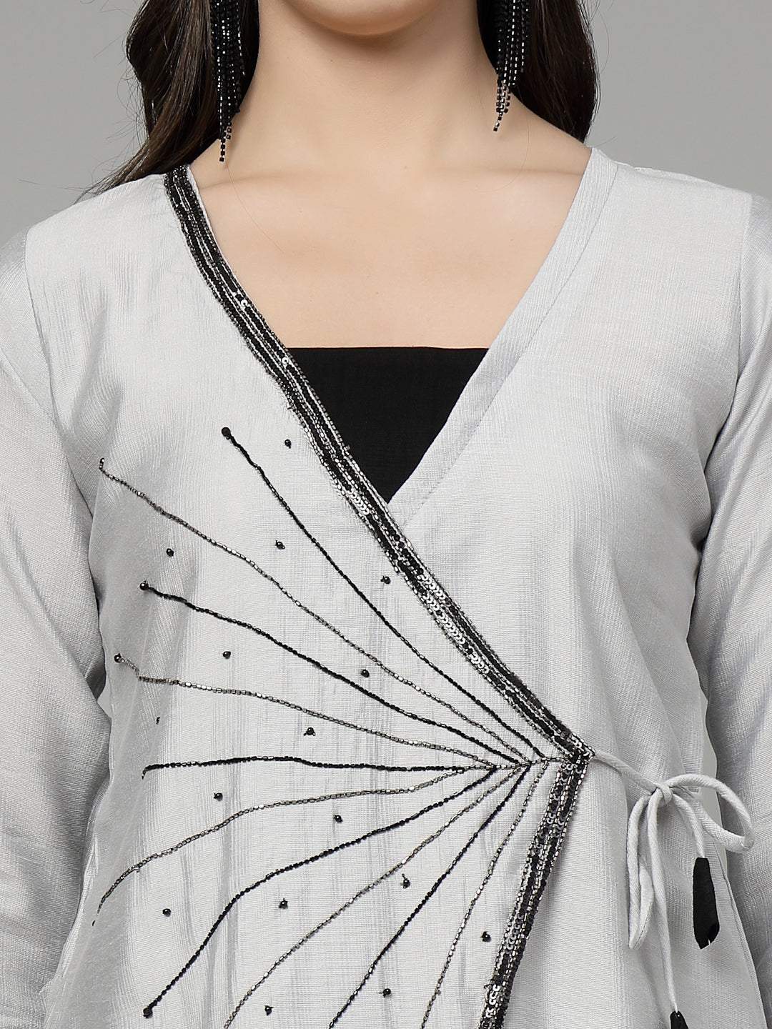 Grey Color Hand Embroidered Viscose Rayon Ready Made Co-Ord Set