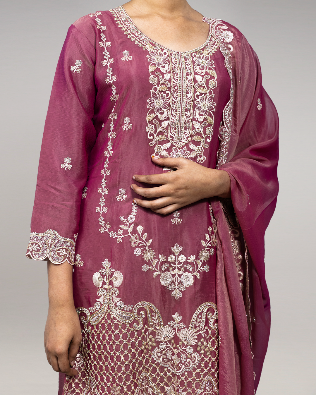 Dark Peach Embroidered Burberry Chiffon Readymade Sharara Set