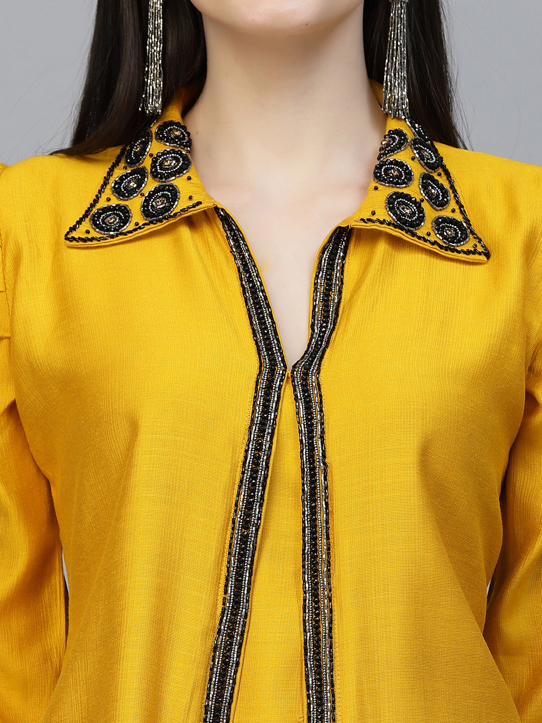 Mustard Color Hand Embroidered Viscose Rayon Ready Made Co-Ord Set