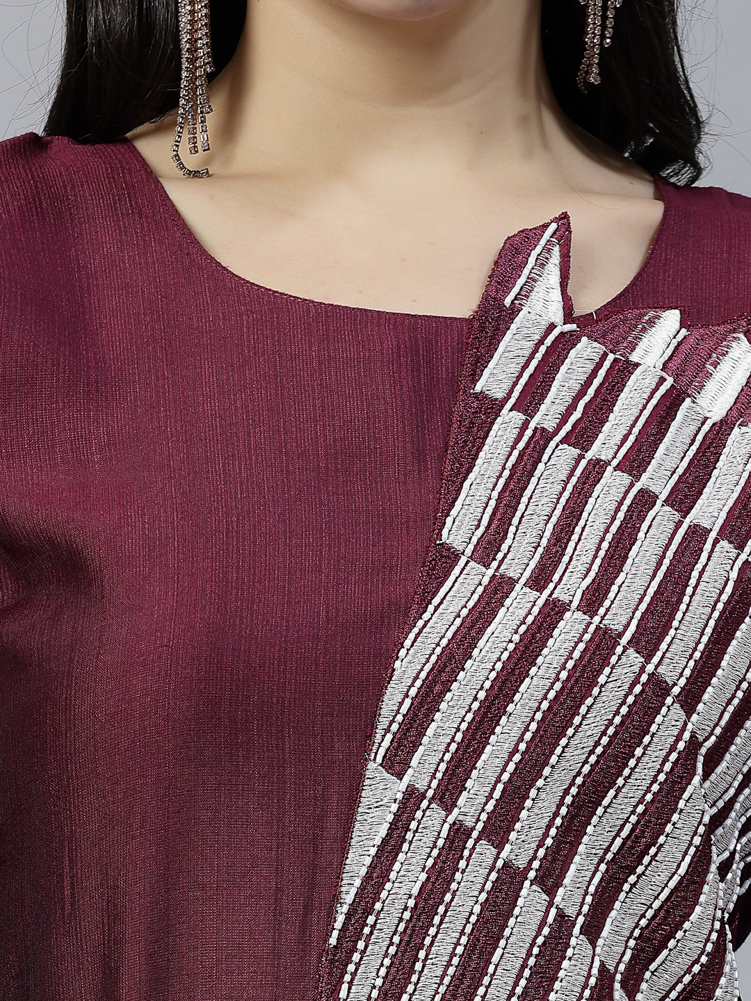 Wine Color Hand Embroidered Pure Cotton Ready Made Co-Ord Set