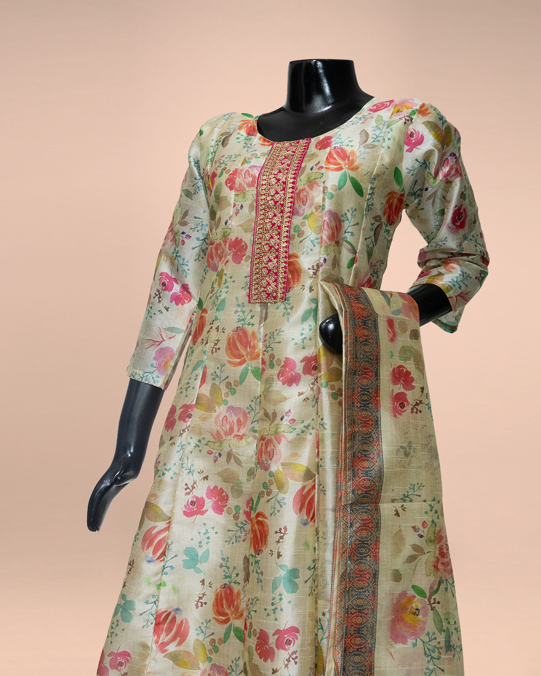 Beige Floral Printed Chanderi Silk Readymade Salwar Suit