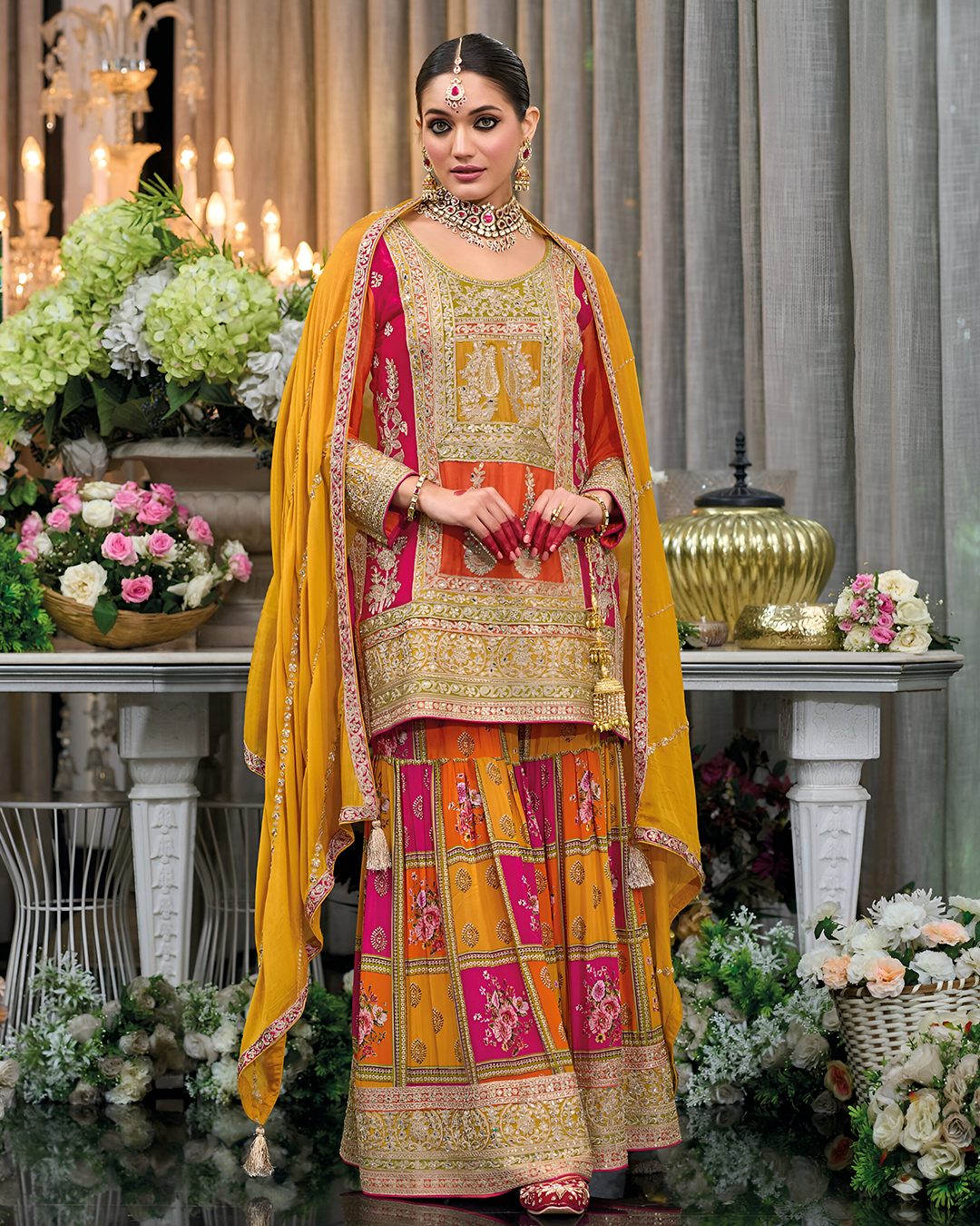 Multicolour Pink Embroidered Heavy Chinon Readymade Sharara Set