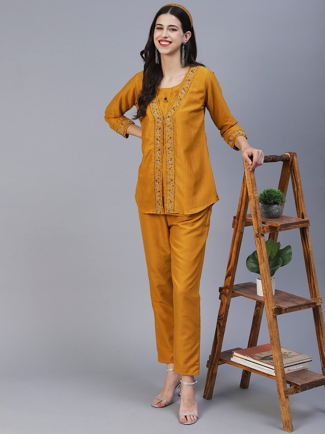 Mustard Yellow Hand Embroided Vatican Fabric Ready Co-Ord Set
