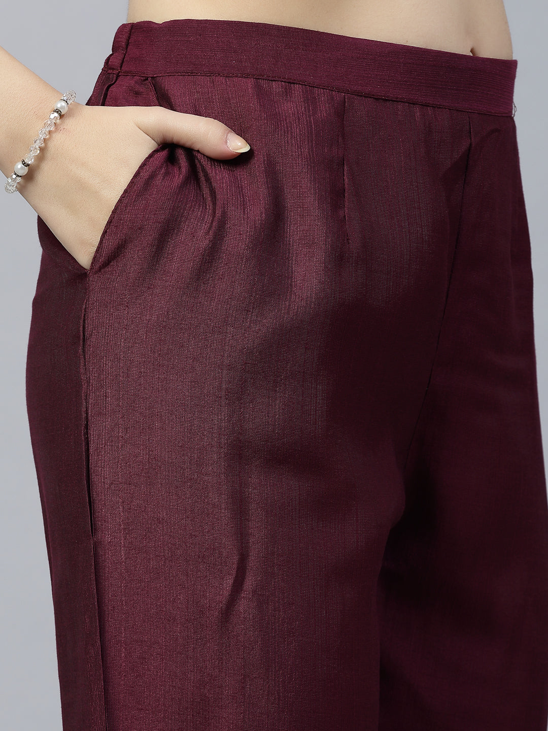 Wine Color Hand Embroidered Pure Cotton Ready Made Co-Ord Set