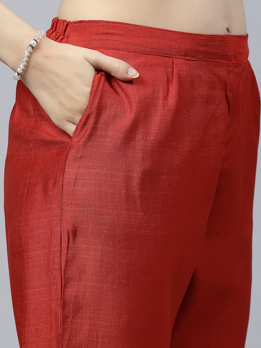 Red Color Hand Embroidered Pure Cotton Ready Made Co-Ord Set