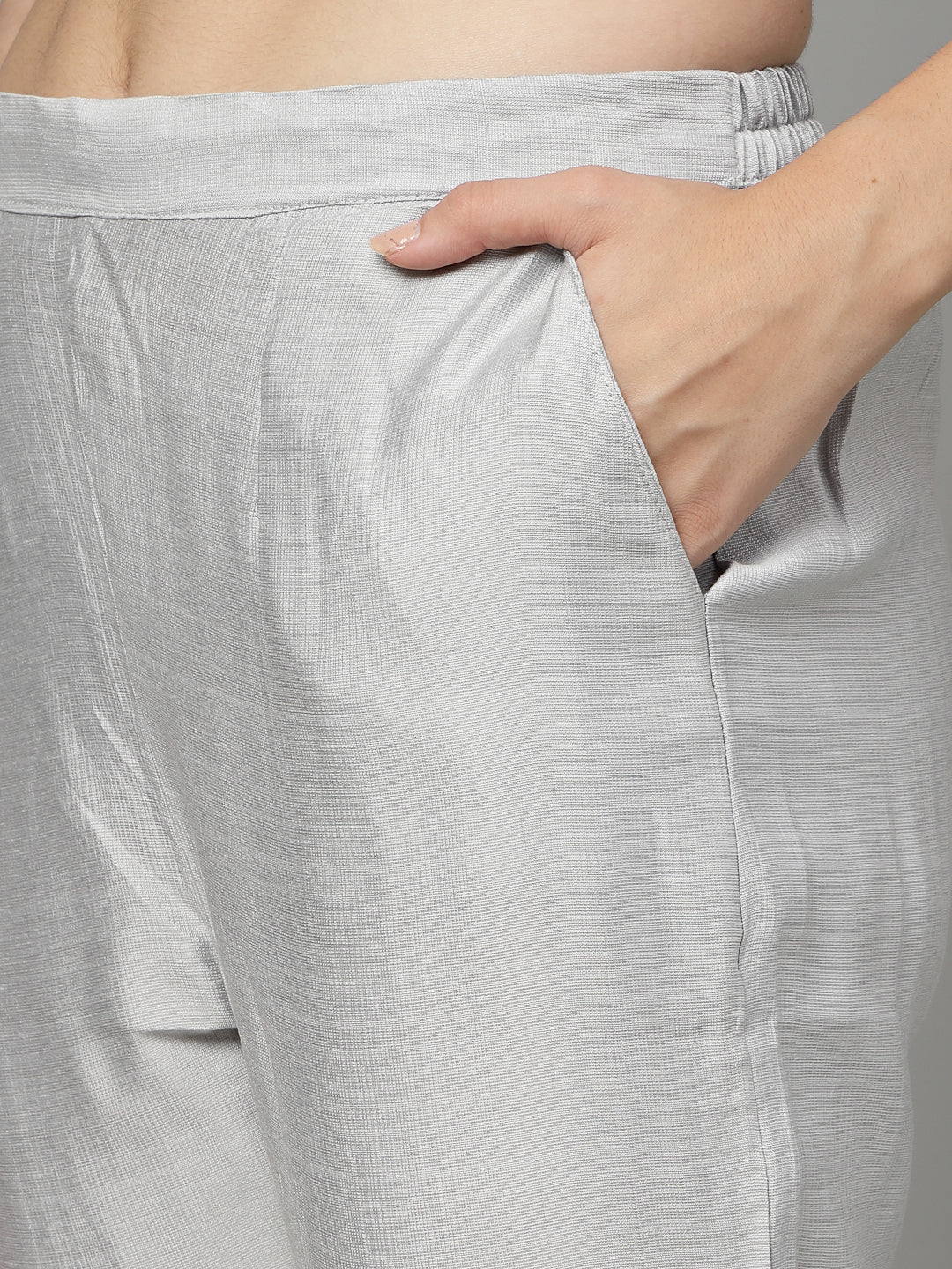 Grey Color Hand Embroidered Viscose Rayon Ready Made Co-Ord Set