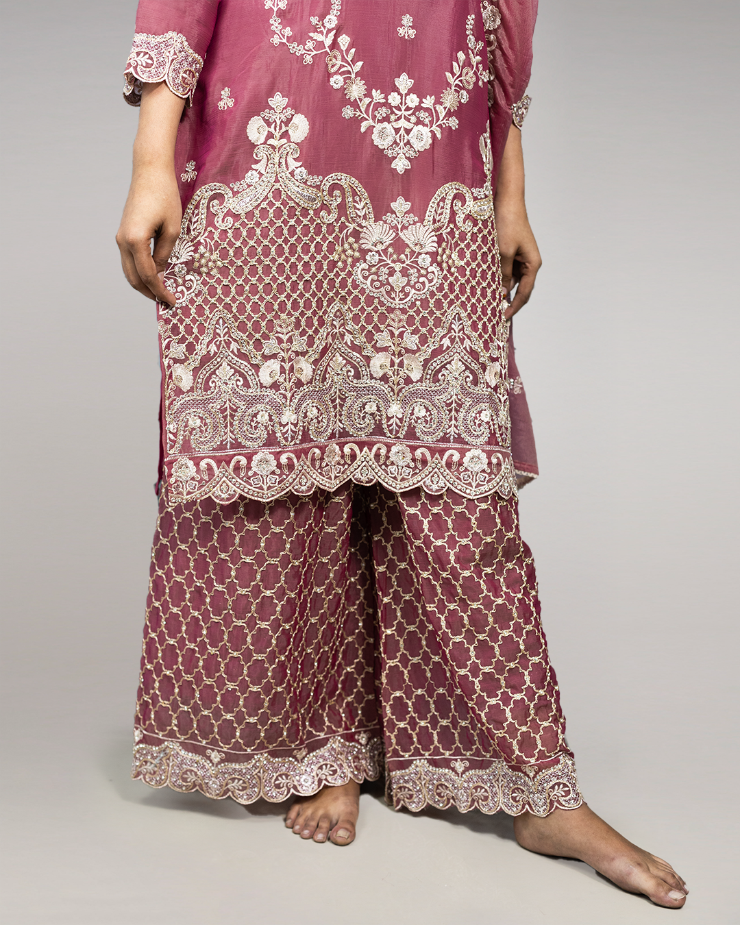 Dark Peach Embroidered Burberry Chiffon Readymade Sharara Set