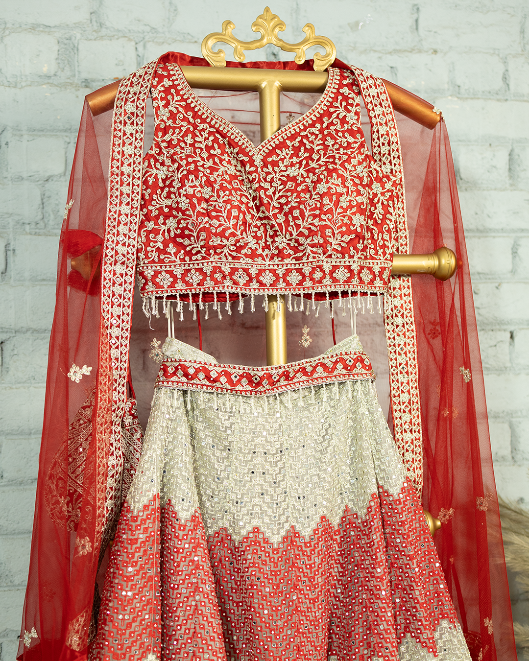 Red Heavy embroidered Netted Readymade Lehenga