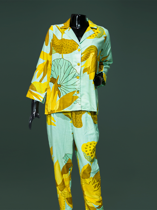 Light Green Floral Printed Linen Fabric Readymade Co-Ord Set: