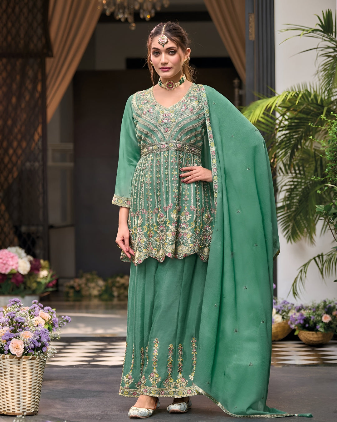 Light Green Emboidery Heavy Chinon Readymade Sharara Set