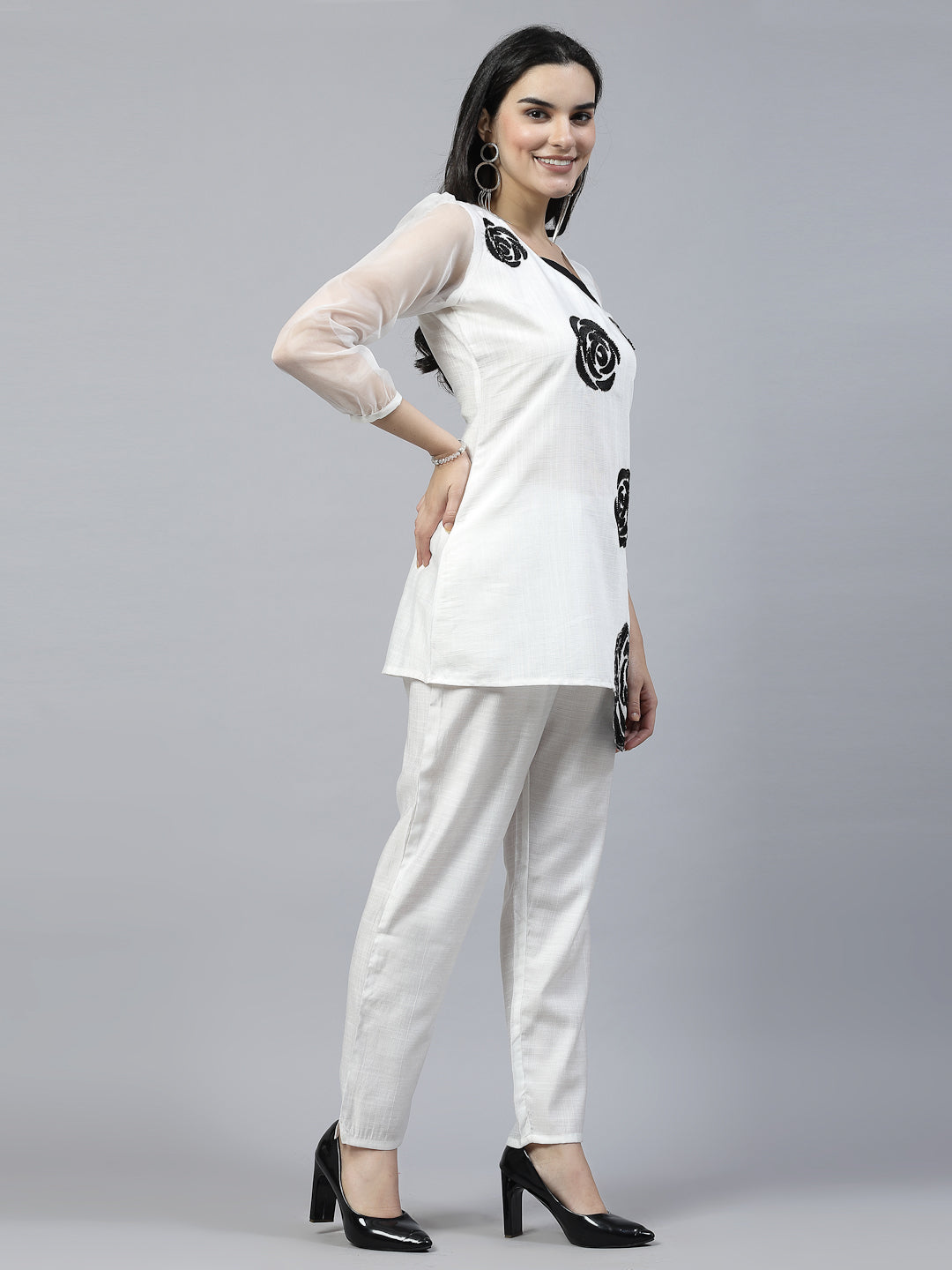 White Hand Embroidered Pure Cotton Readymade Co-Ord Set