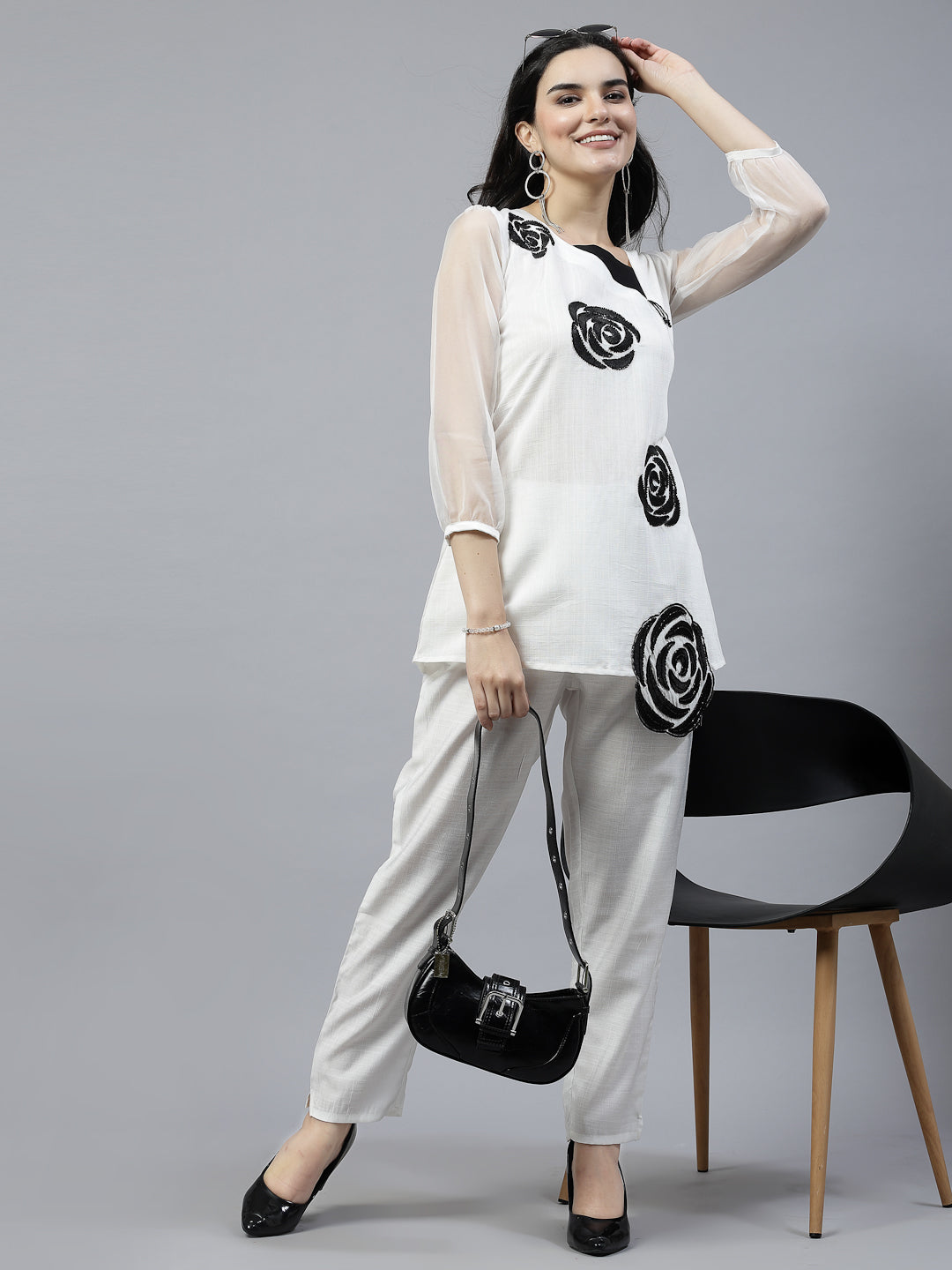 White Hand Embroidered Pure Cotton Readymade Co-Ord Set