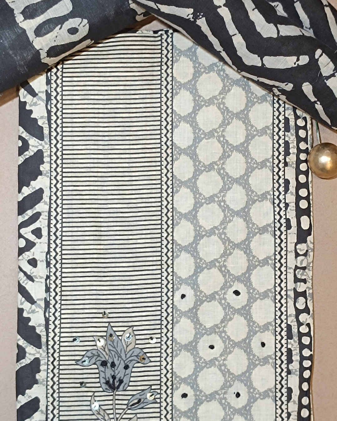 Black and Off-White Mal Cotton printed fabric Unstitched Salwar Suit