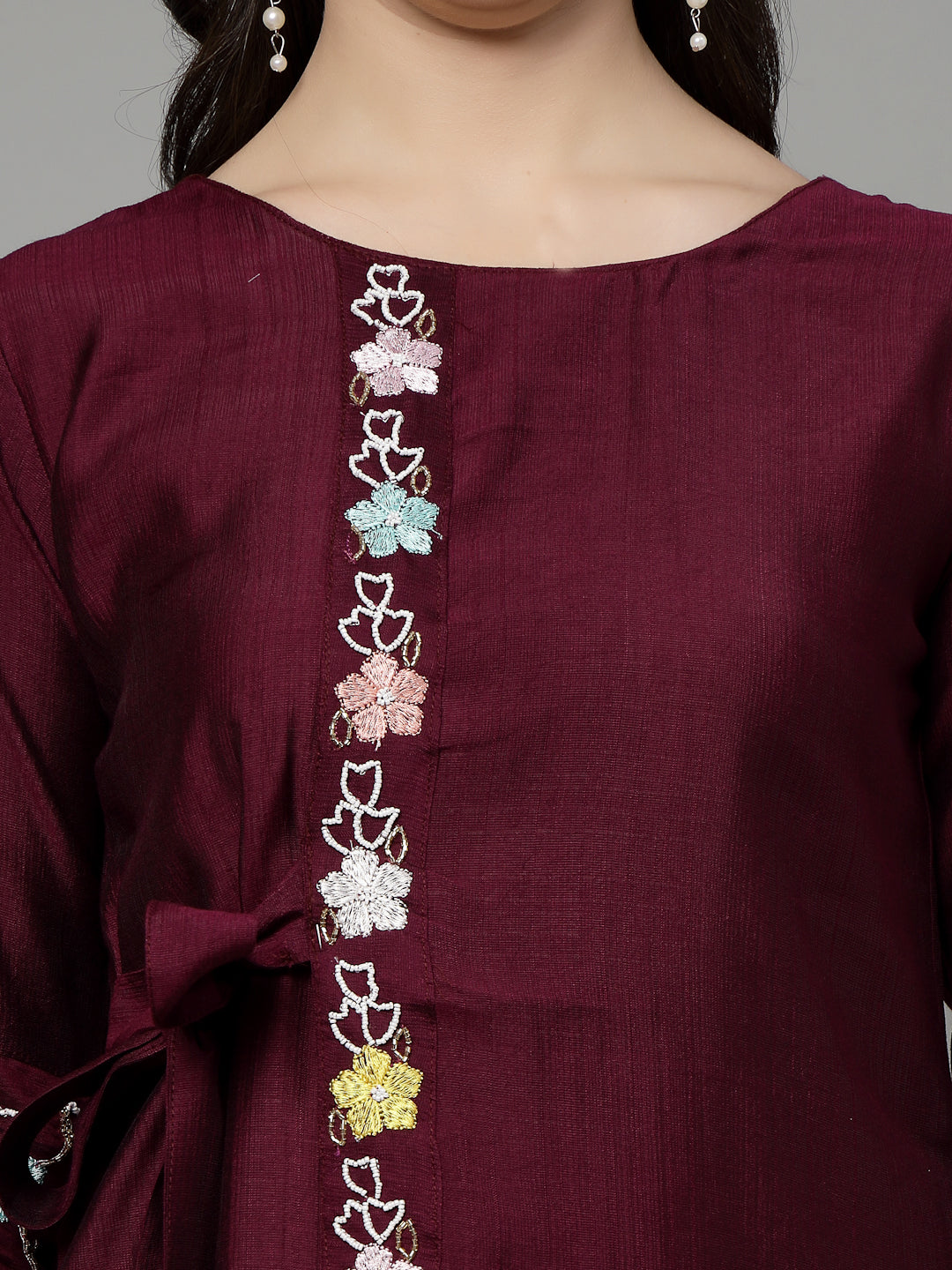 Dark wine Hand Embroidered Viscose Rayon Readymade Co-Ord Set