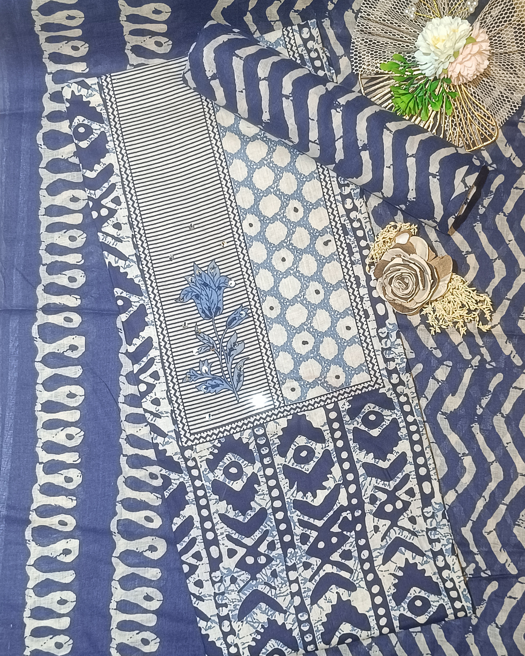 Blue And White Mal Cotton printed fabric Unstitched Salwar Suit