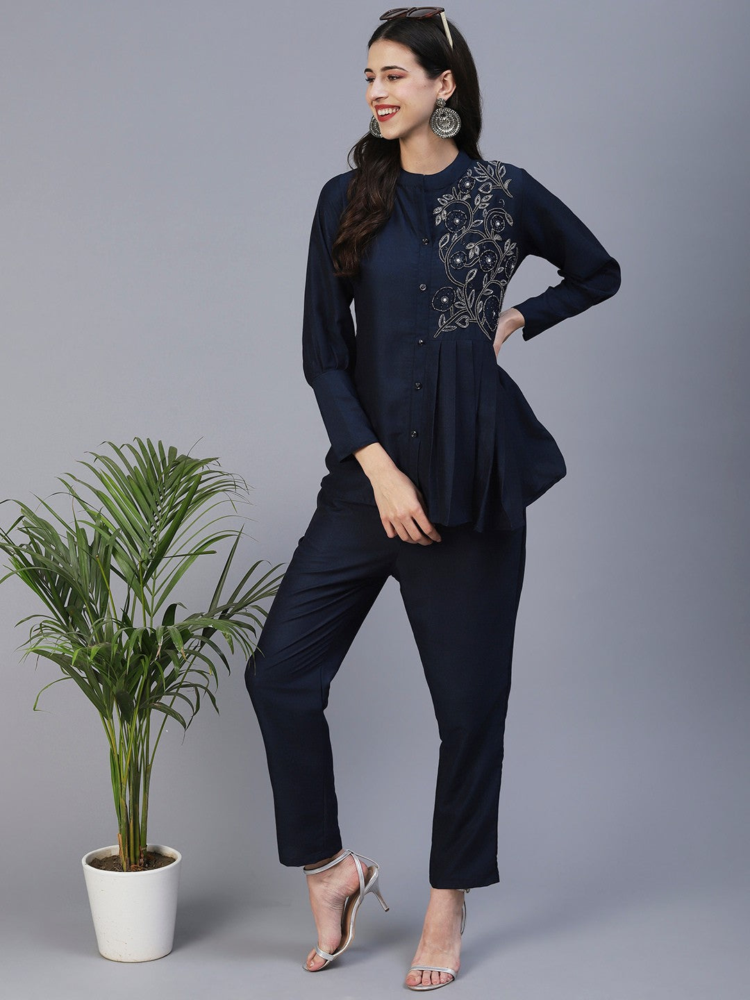 Navy Blue Hand Embroided Vatican Fabric Ready Co-Ord Set