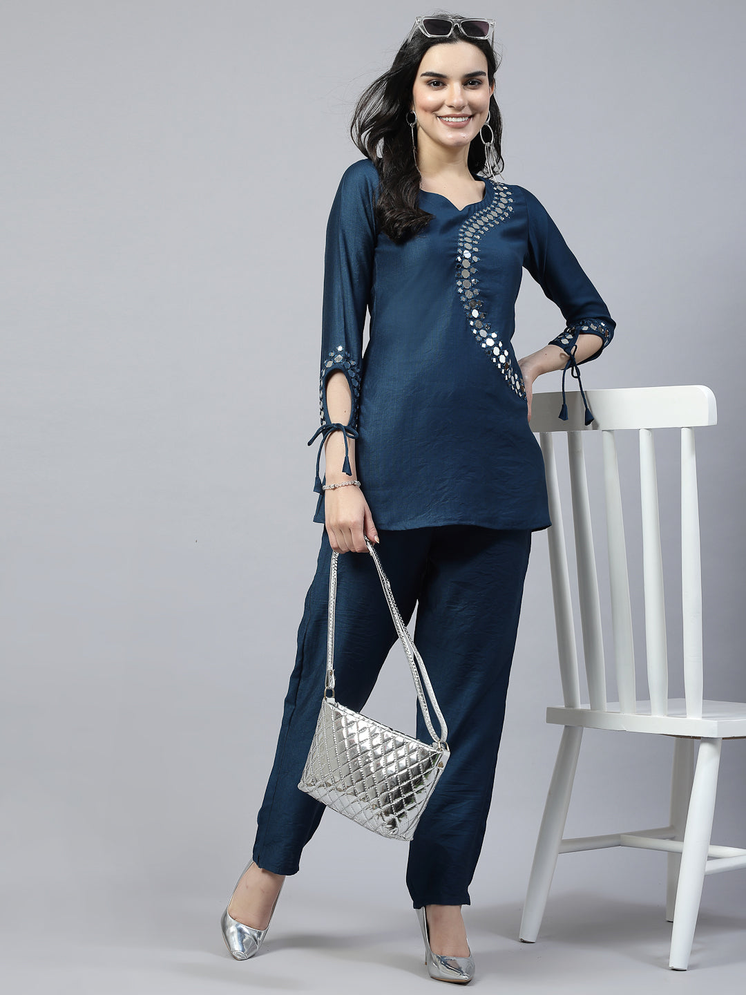 Peacock Blue Hand Embroidered Pure Cotton Readymade Co-Ord Set