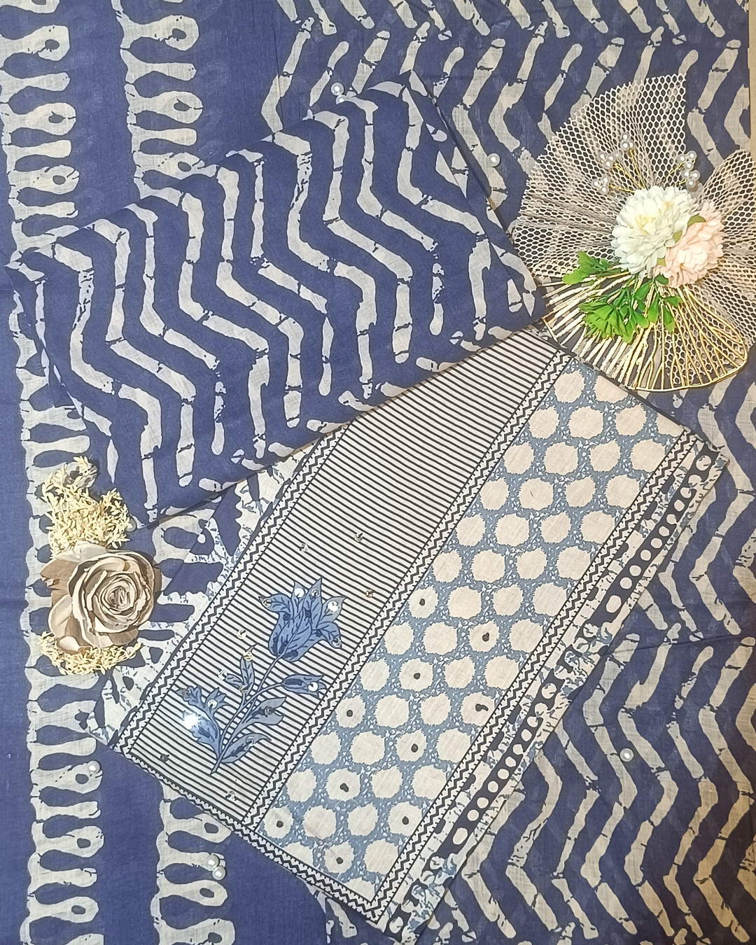 Blue And White Mal Cotton printed fabric Unstitched Salwar Suit