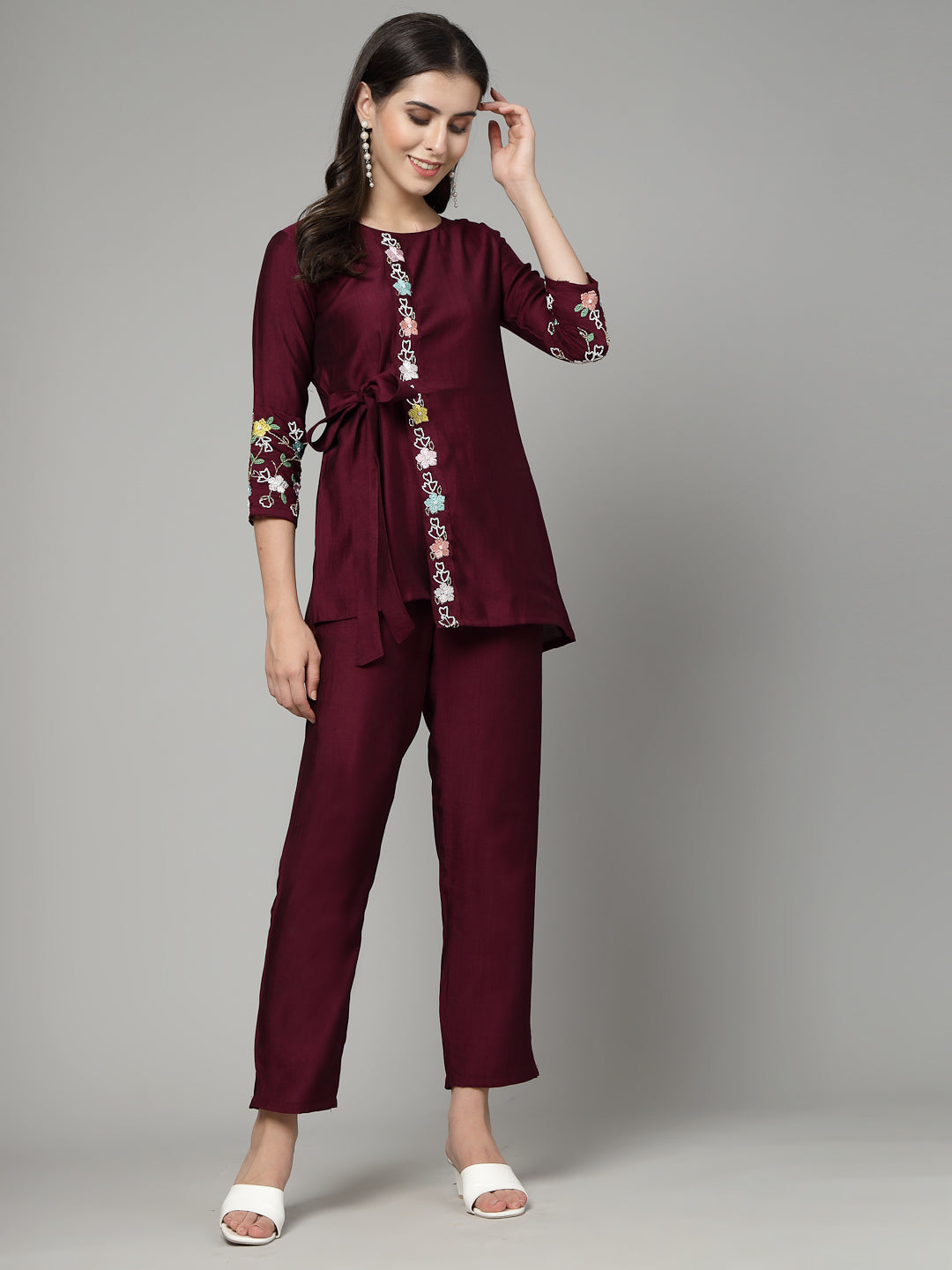 Dark wine Hand Embroidered Viscose Rayon Readymade Co-Ord Set