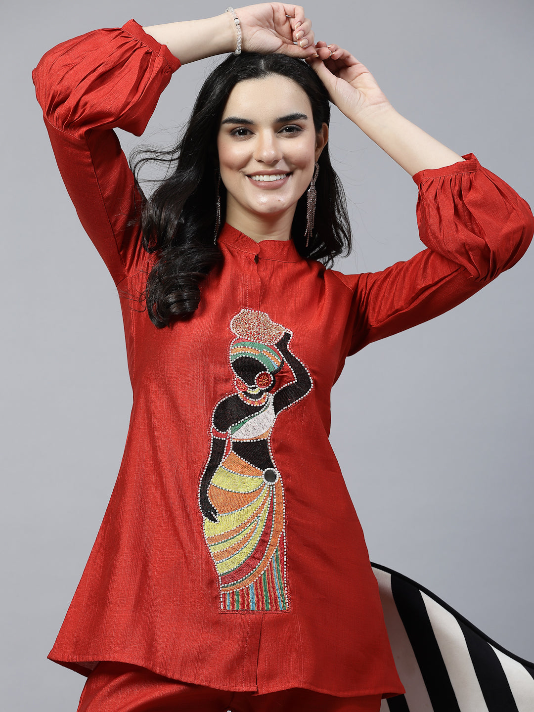 Red Color Hand Embroidered Pure Cotton Ready Made Co-Ord Set