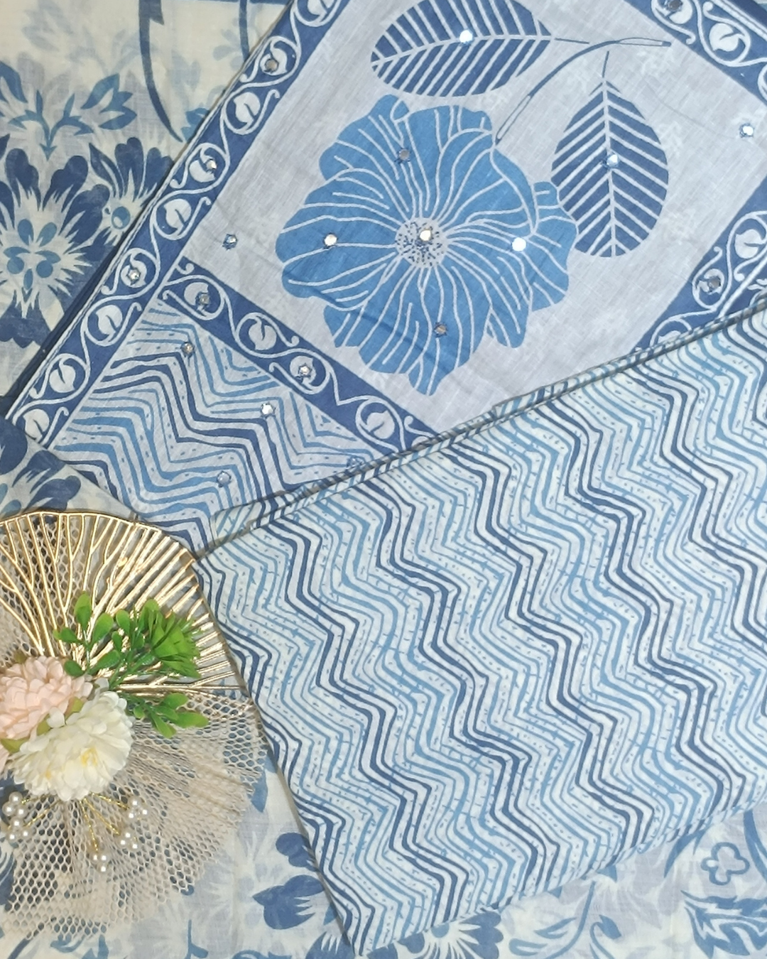 Blue And White Mal Cotton printed fabric Unstitched Salwar Suit