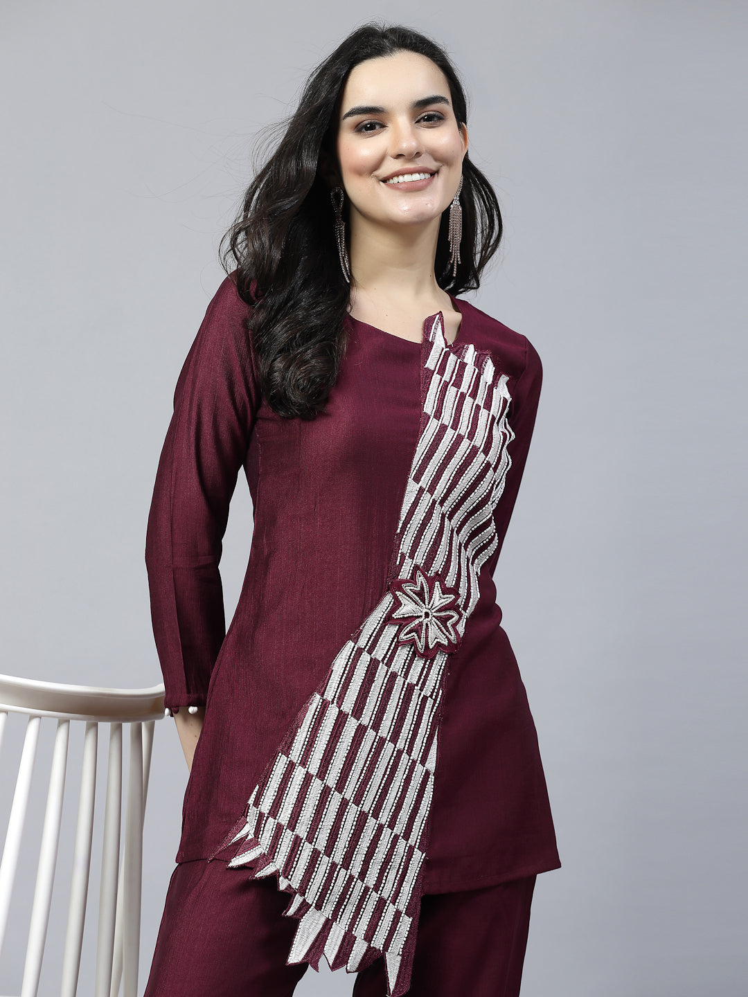Wine Color Hand Embroidered Pure Cotton Ready Made Co-Ord Set