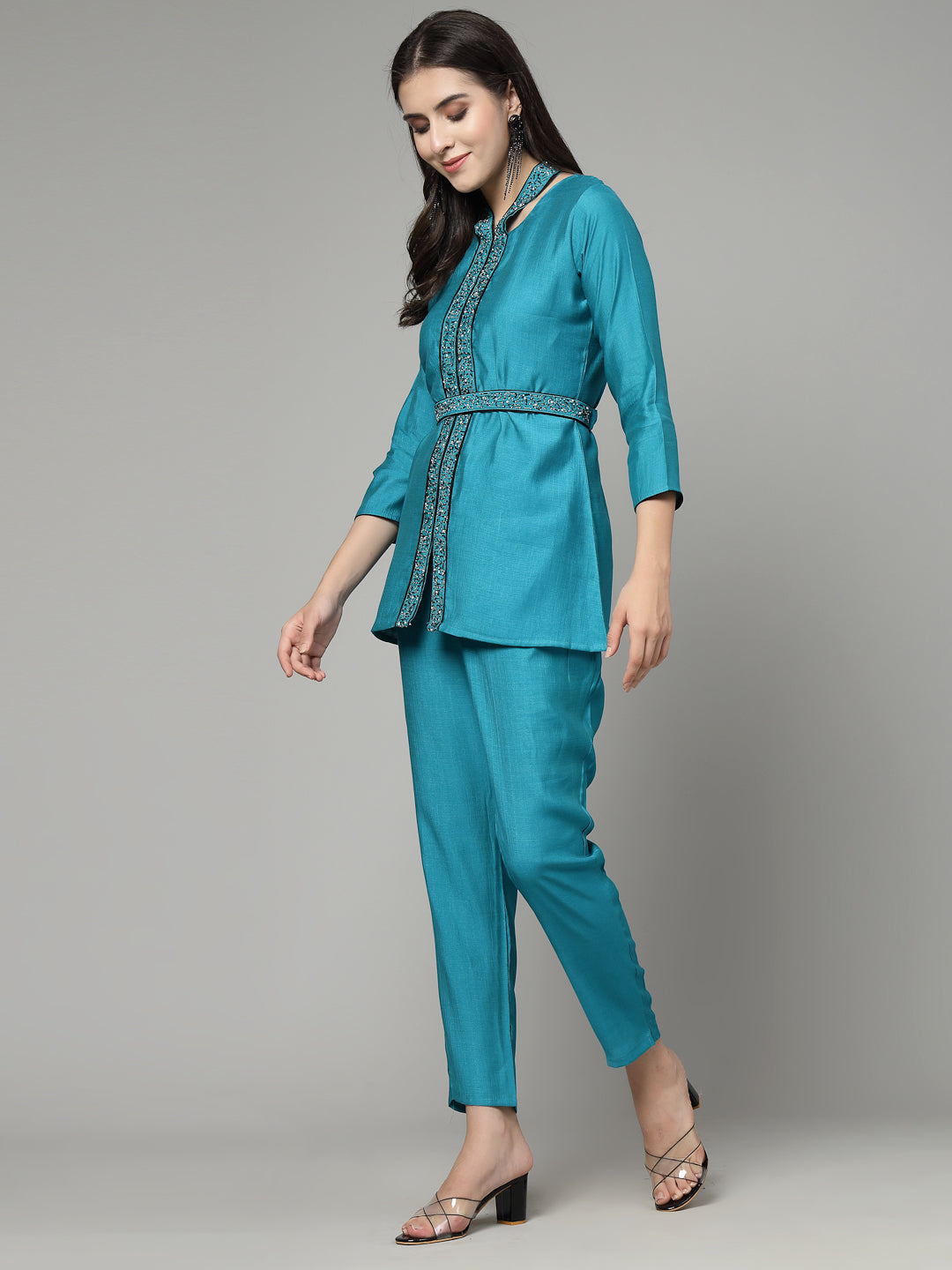 Sky Blue Hand Embroidered Color Viscose Rayon Ready Made Co-Ord Set